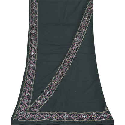 Sanskriti Vintage Black Dupatta Long Stole Art Silk Hand Embroidered Kantha Veil