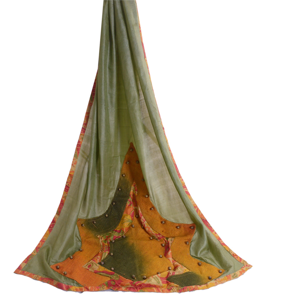 Sanskriti Vintage Dupatta Long Stole Pure Silk Green Scarves Hand Beaded Hijab