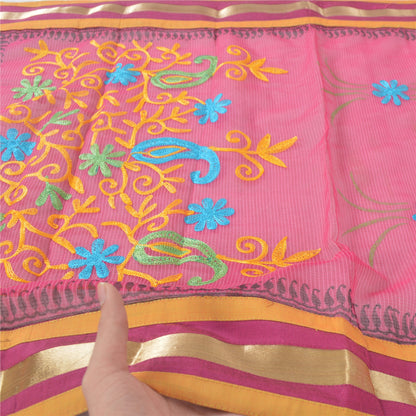 Sanskriti Vintage Pink Dupatta Long Stole Art Silk Hand Embroidered Ari Scarves