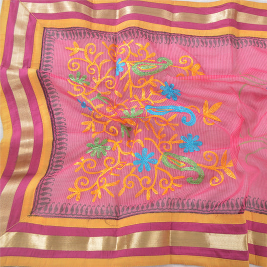 Sanskriti Vintage Pink Dupatta Long Stole Art Silk Hand Embroidered Ari Scarves