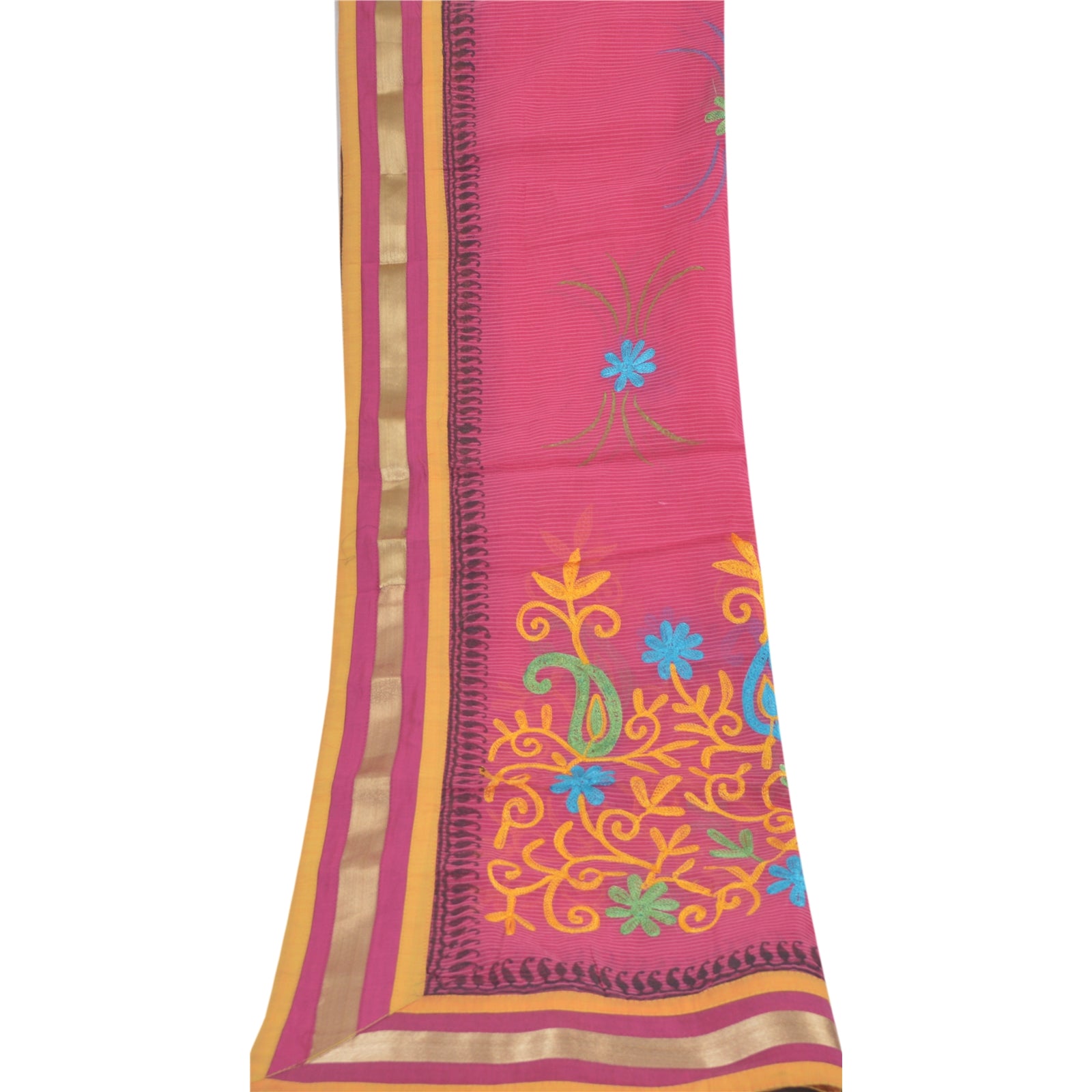 Sanskriti Vintage Pink Art Silk Dupatta Long Stole Hand Embroidered Ari Kashmiri Scarves From India Add-Elegance to Table Linen, Curtains