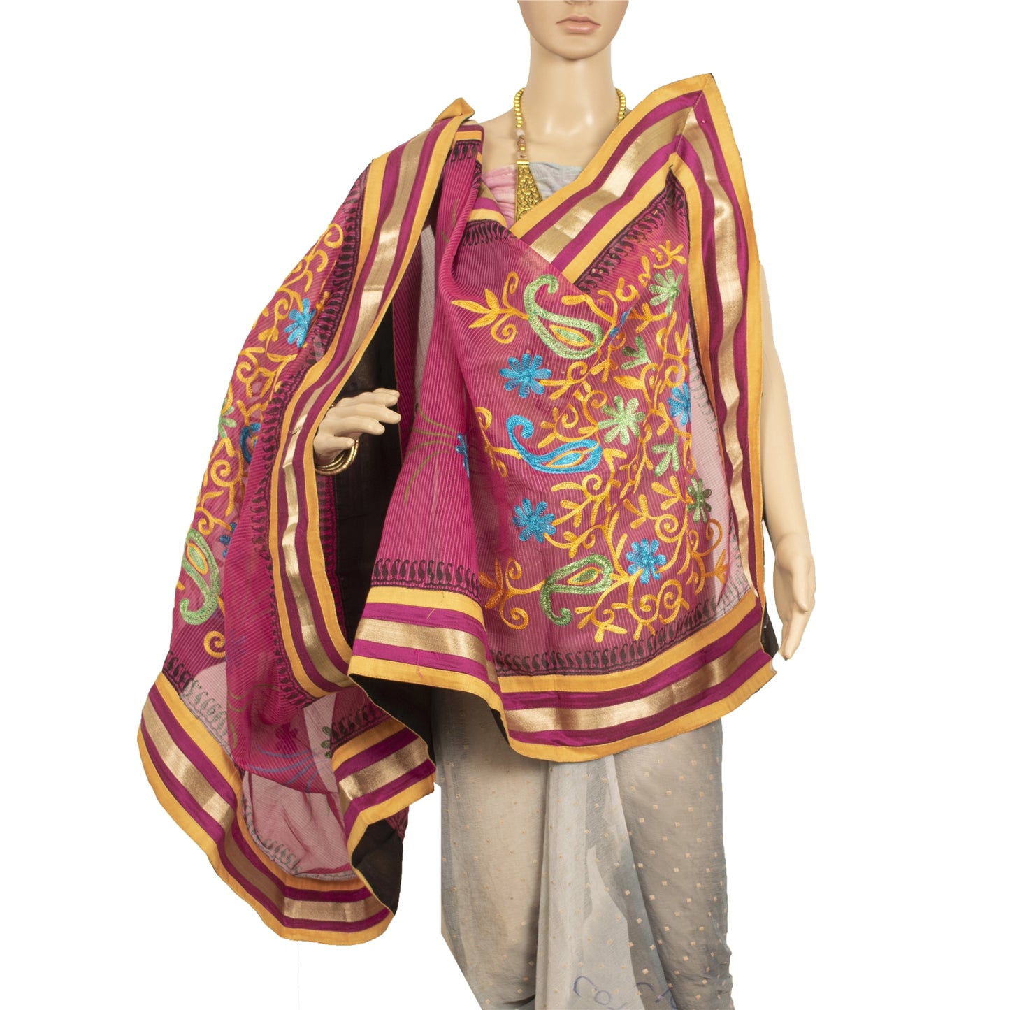 Sanskriti Vintage Pink Dupatta Long Stole Art Silk Hand Embroidered Ari Scarves