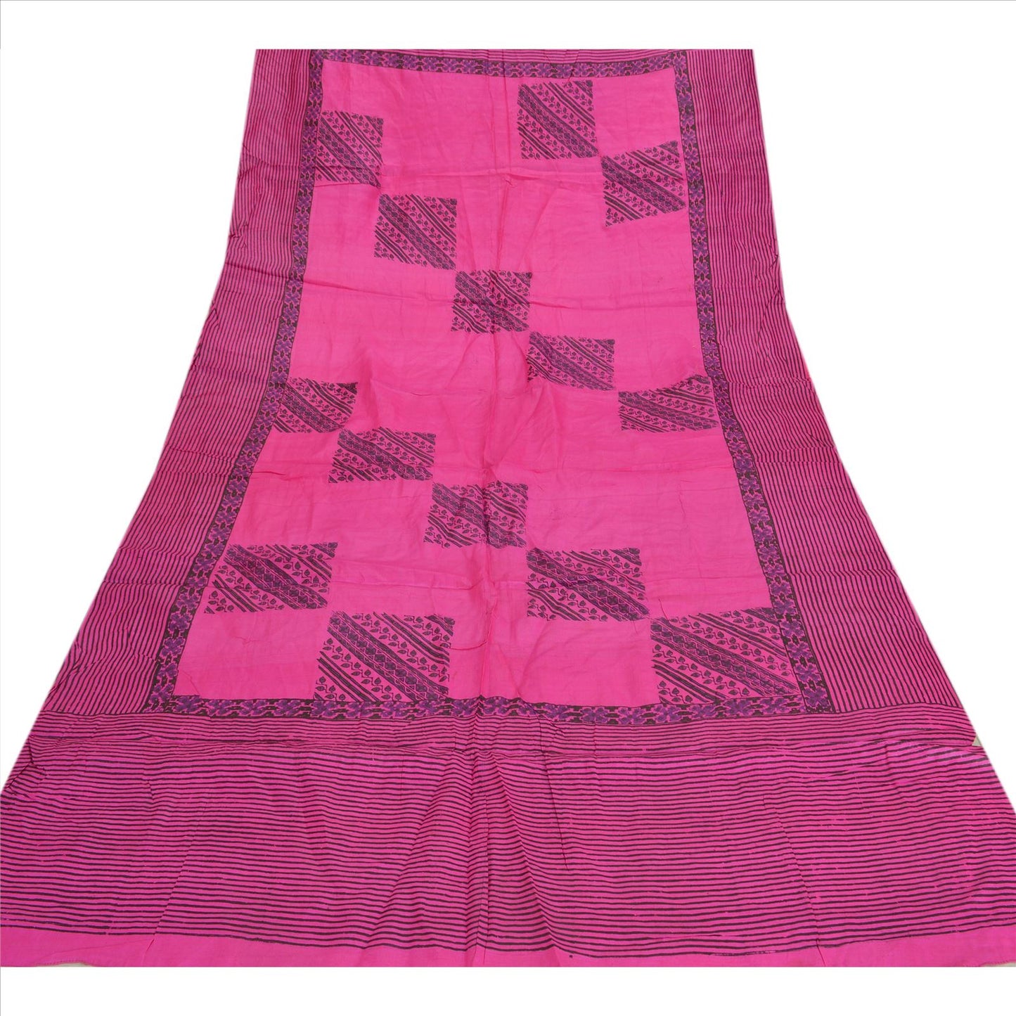 Sanskriti Vintage Dupatta long Stole Pure Silk Pink Veil Block Printed Scarves