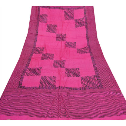 Sanskriti Vintage Dupatta long Stole Pure Silk Pink Veil Block Printed Scarves