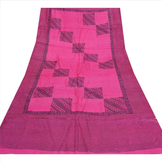 Sanskriti Vintage Dupatta long Stole Pure Silk Pink Veil Block Printed Scarves