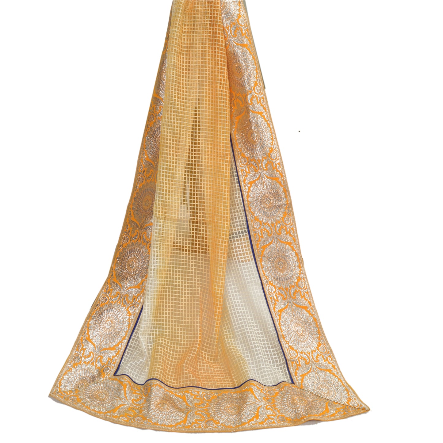 Sanskriti Vintage Dupatta Long Stole Pure Organza Silk Saffron/Cream Woven Veil