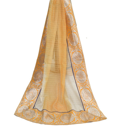 Sanskriti Vintage Dupatta Long Stole Pure Organza Silk Saffron/Cream Woven Veil
