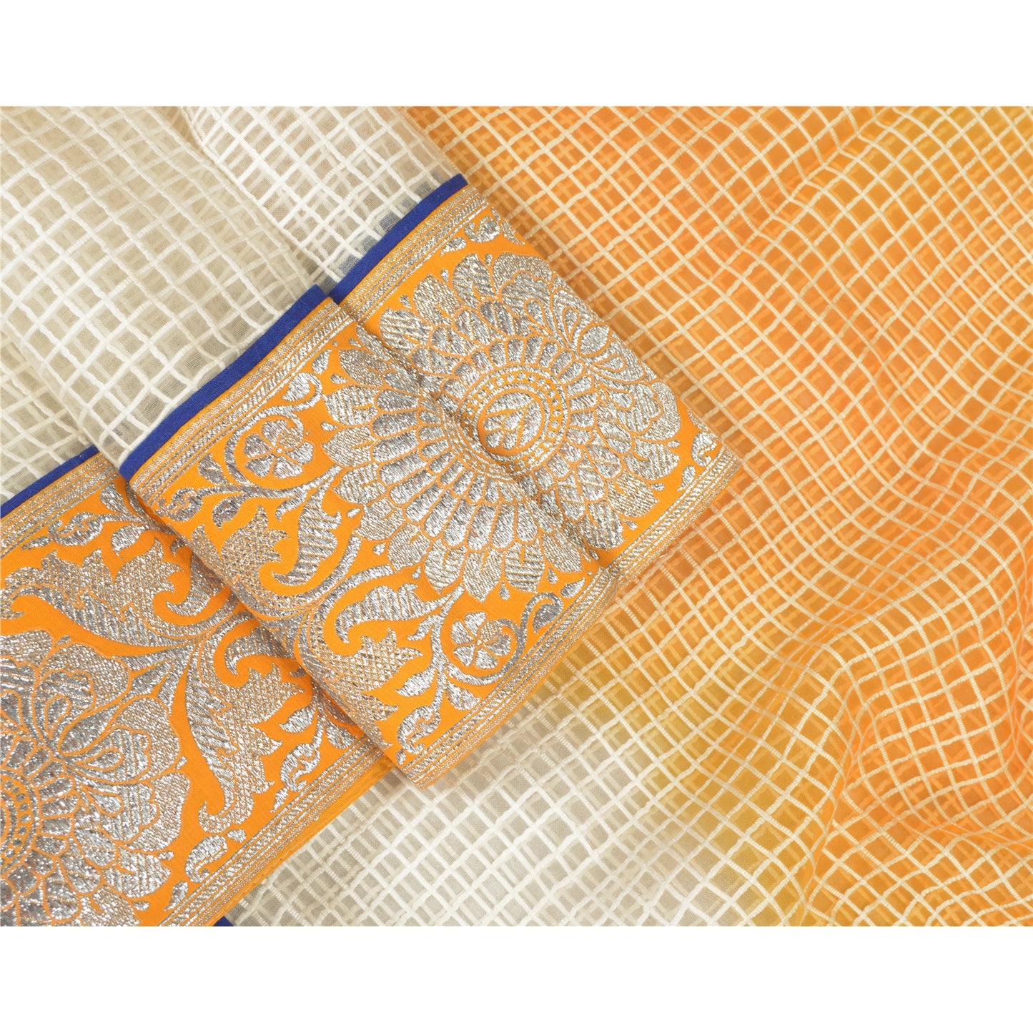 Sanskriti Vintage Dupatta Long Stole Pure Organza Silk Saffron/Cream Woven Veil