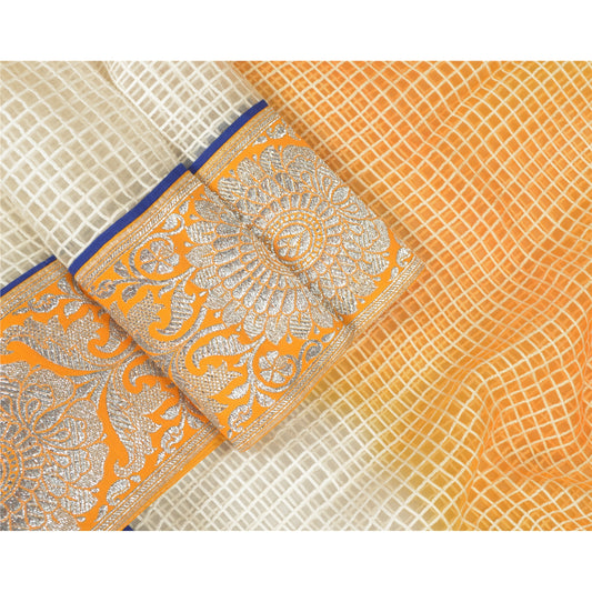 Sanskriti Vintage Dupatta Long Stole Pure Organza Silk Saffron/Cream Woven Veil