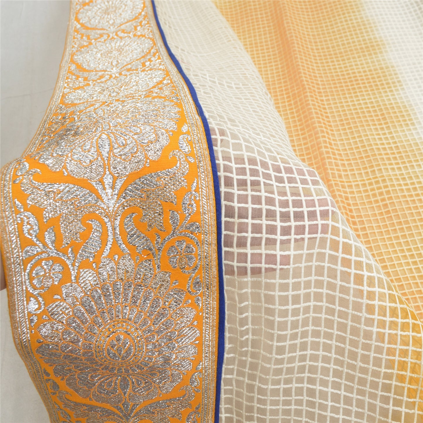 Sanskriti Vintage Dupatta Long Stole Pure Organza Silk Saffron/Cream Woven Veil