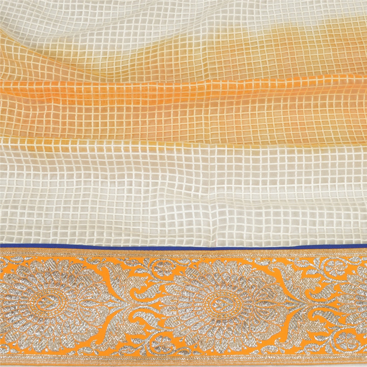 Sanskriti Vintage Dupatta Long Stole Pure Organza Silk Saffron/Cream Woven Veil