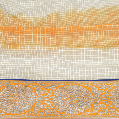 Sanskriti Vintage Dupatta Long Stole Pure Organza Silk Saffron/Cream Woven Veil