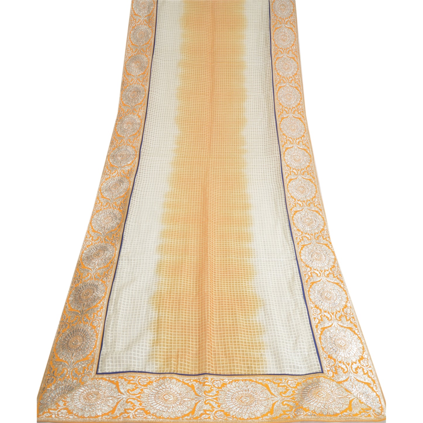 Sanskriti Vintage Dupatta Long Stole Pure Organza Silk Saffron/Cream Woven Veil