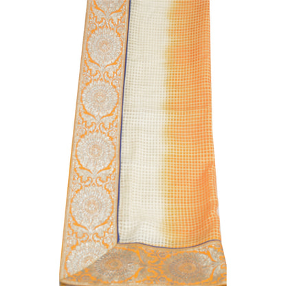 Sanskriti Vintage Dupatta Long Stole Pure Organza Silk Saffron/Cream Woven Veil
