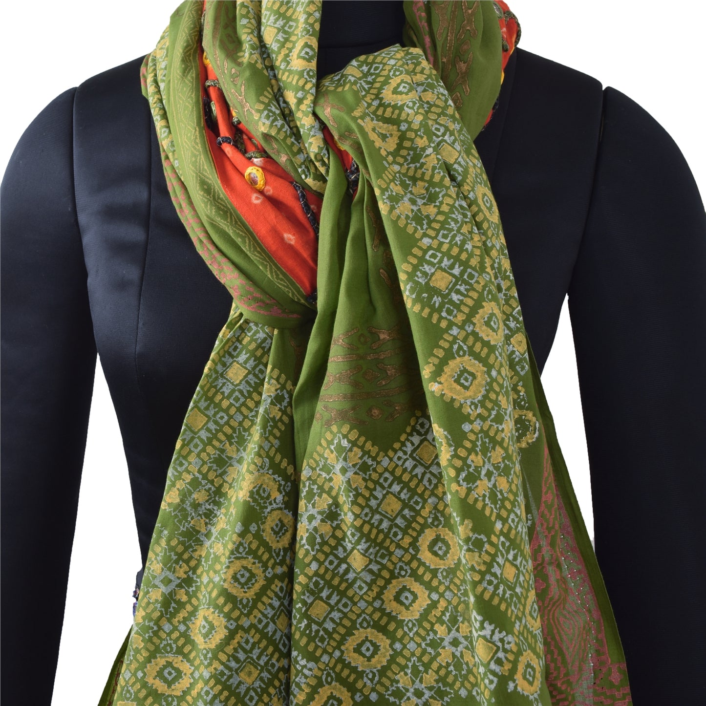 Sanskriti Vintage Green Dupatta Long Stole Pure Cotton Hand Embroidery Wrap Veil