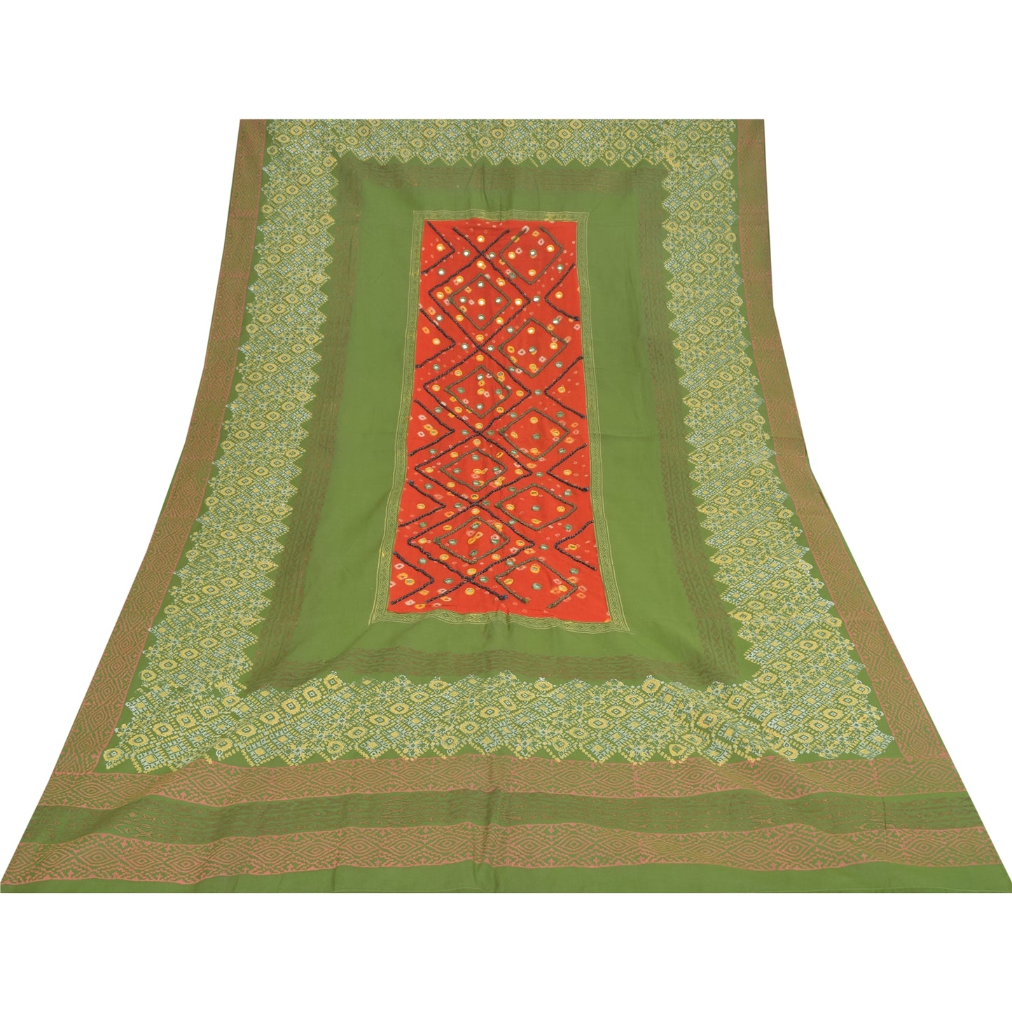 Sanskriti Vintage Green Dupatta Long Stole Pure Cotton Hand Embroidery Wrap Veil