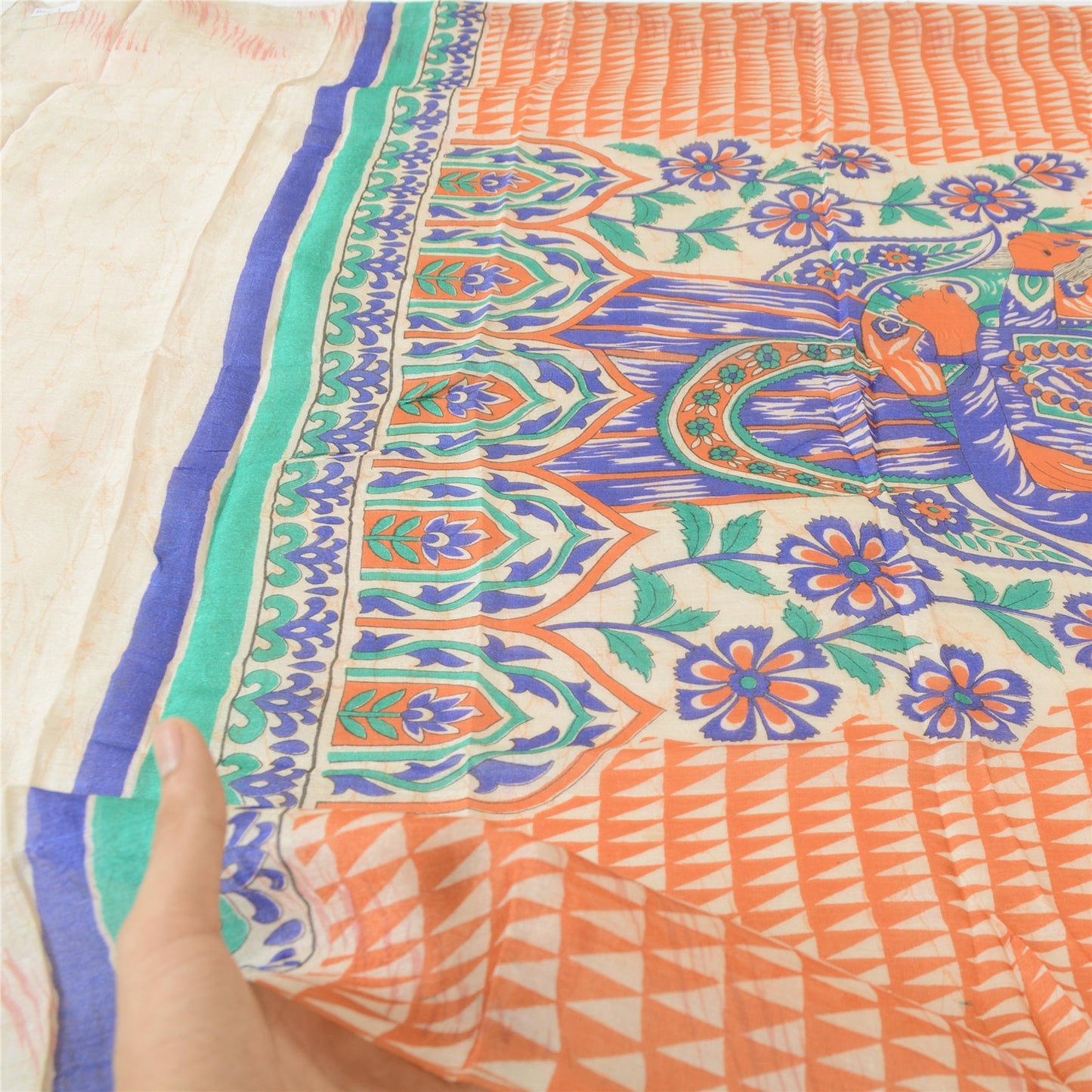 Sanskriti Vintage Cream Dupatta Long Stole Pure Tussar Silk Human Printed Veil