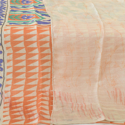 Sanskriti Vintage Cream Dupatta Long Stole Pure Tussar Silk Human Printed Veil