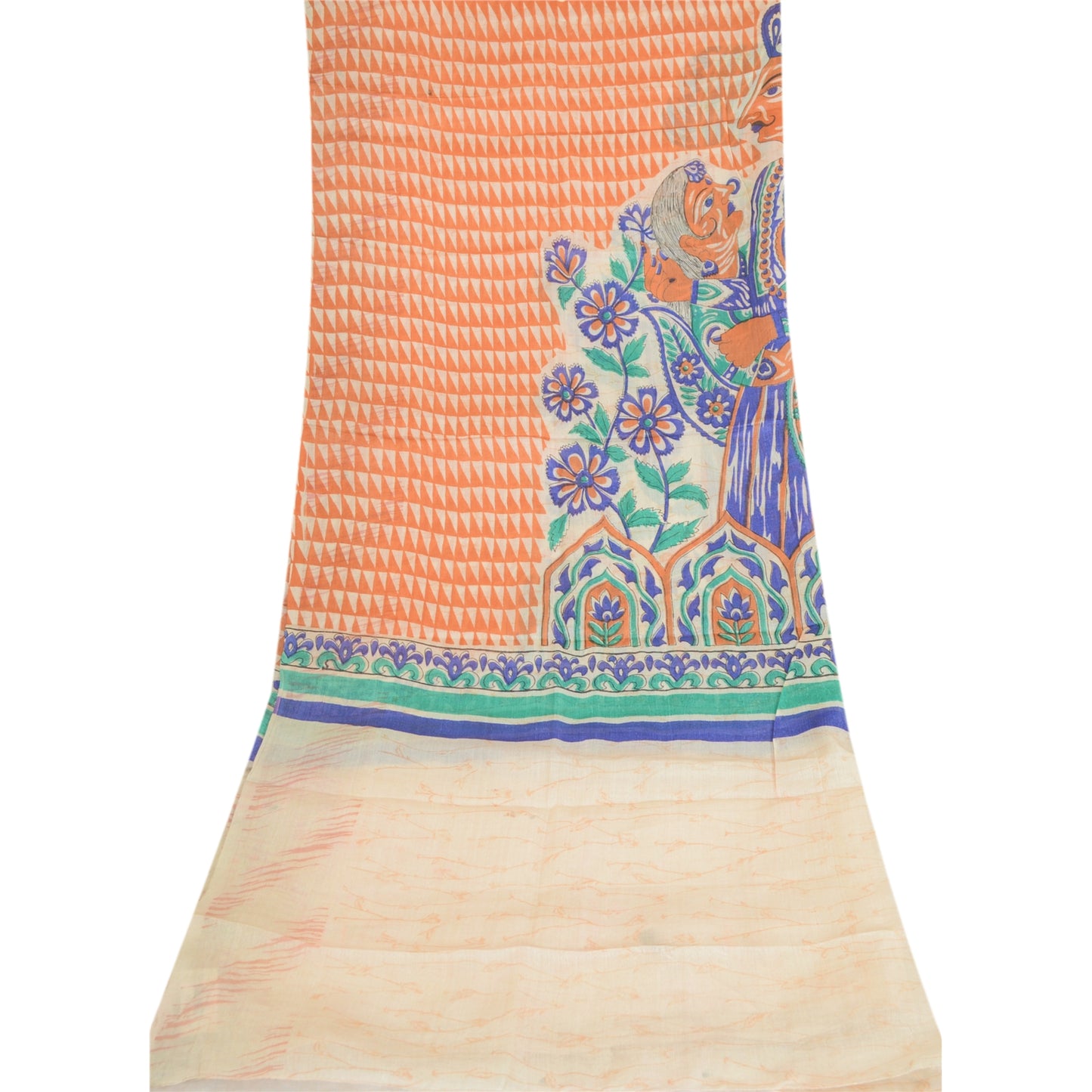 Sanskriti Vintage Cream Dupatta Long Stole Pure Tussar Silk Human Printed Veil
