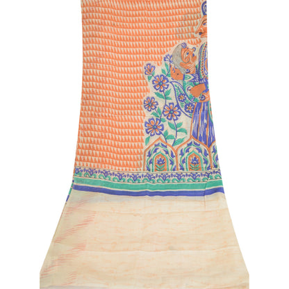 Sanskriti Vintage Cream Dupatta Long Stole Pure Tussar Silk Human Printed Veil