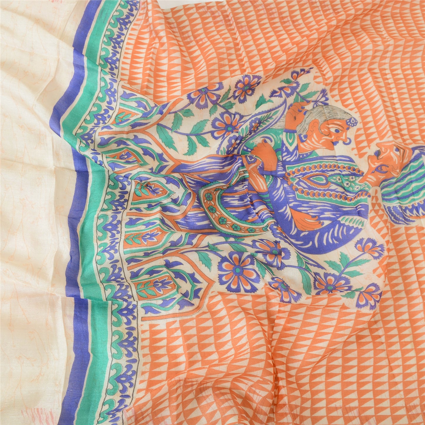 Sanskriti Vintage Cream Dupatta Long Stole Pure Tussar Silk Human Printed Veil