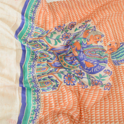 Sanskriti Vintage Cream Dupatta Long Stole Pure Tussar Silk Human Printed Veil