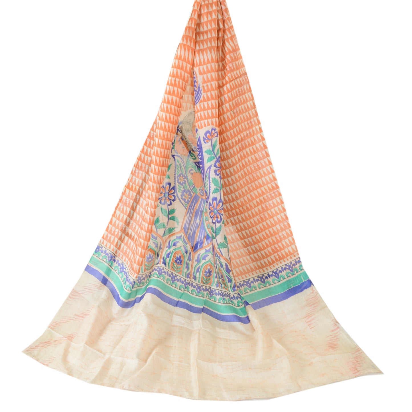 Sanskriti Vintage Cream Dupatta Long Stole Pure Tussar Silk Human Printed Veil
