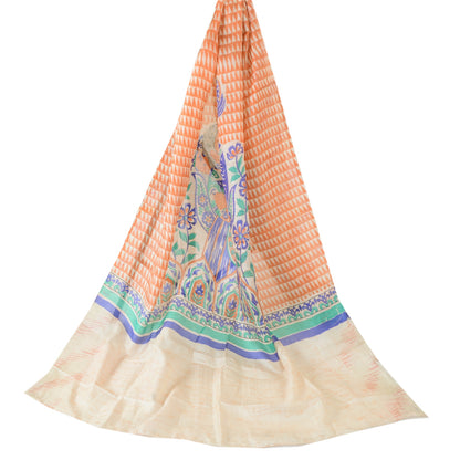 Sanskriti Vintage Cream Dupatta Long Stole Pure Tussar Silk Human Printed Veil