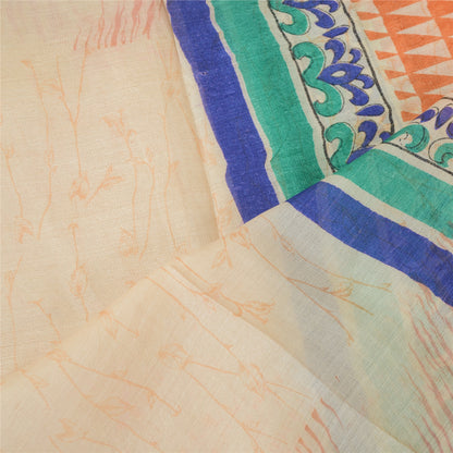 Sanskriti Vintage Cream Dupatta Long Stole Pure Tussar Silk Human Printed Veil