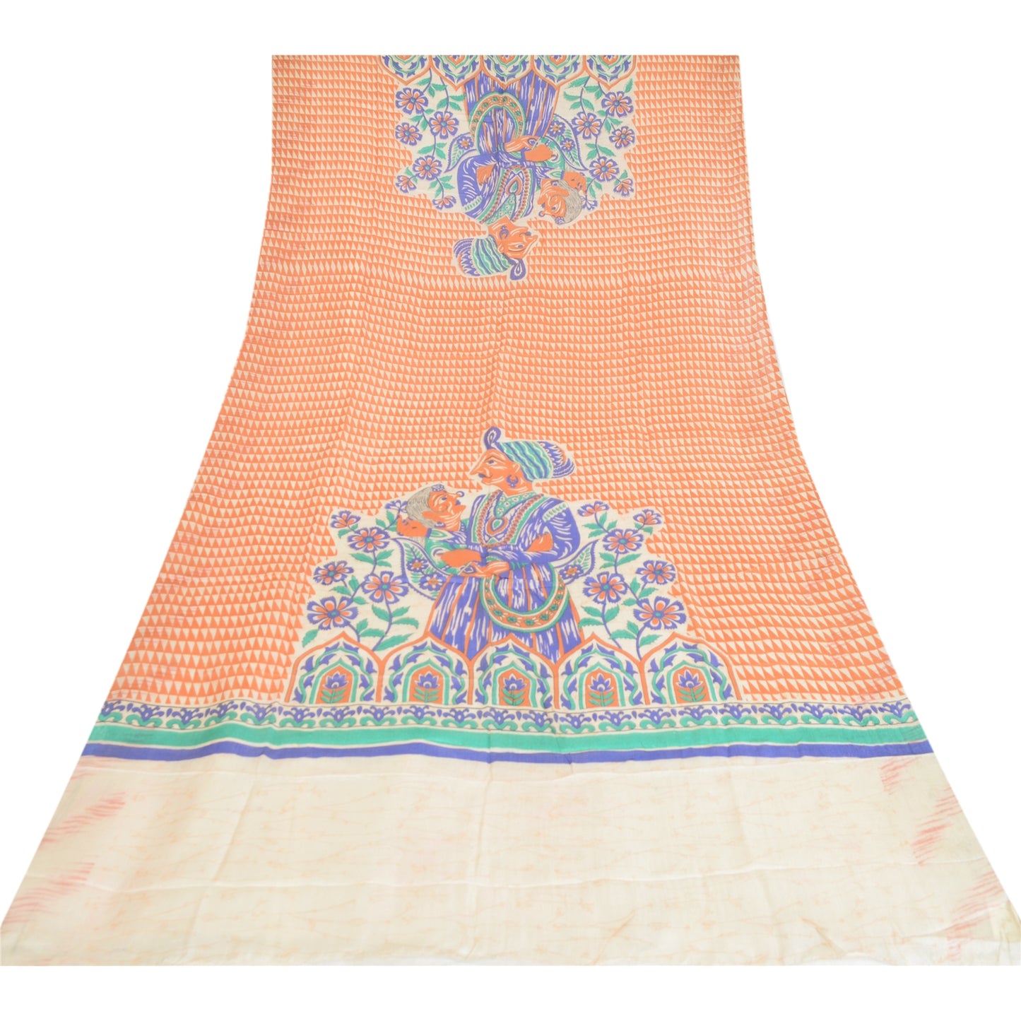Sanskriti Vintage Cream Dupatta Long Stole Pure Tussar Silk Human Printed Veil