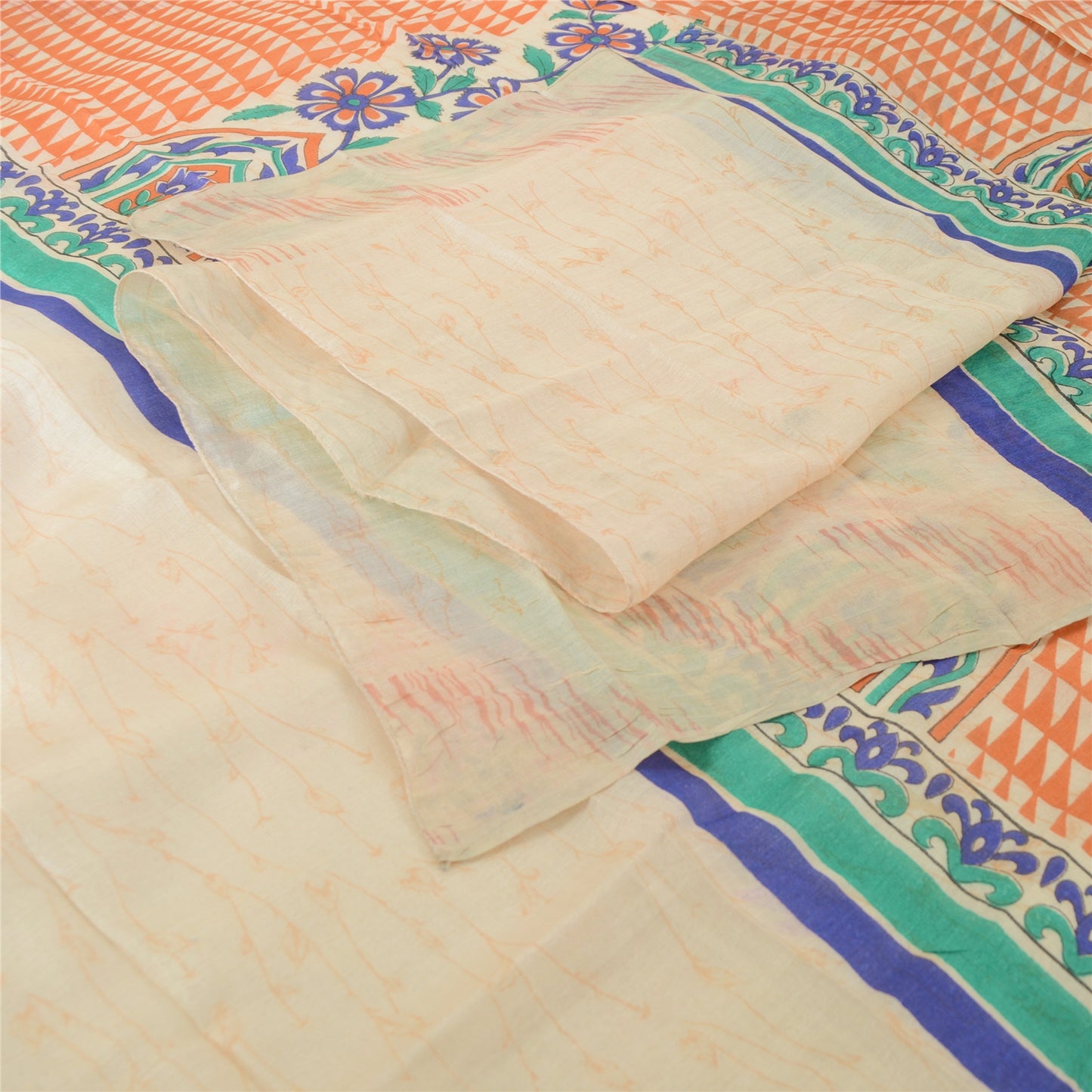 Sanskriti Vintage Cream Dupatta Long Stole Pure Tussar Silk Human Printed Veil