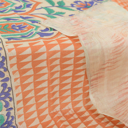Sanskriti Vintage Cream Dupatta Long Stole Pure Tussar Silk Human Printed Veil