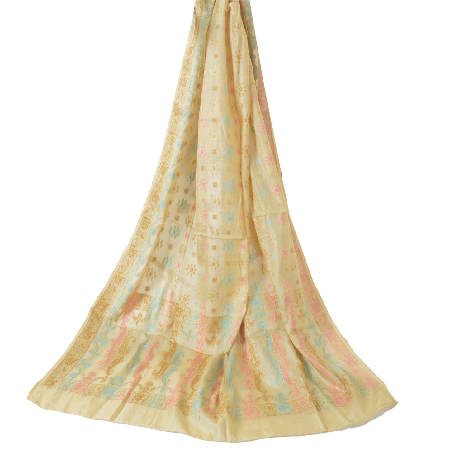 Sanskriti Vintage Cream Dupatta Long Stole Pure Silk Hand Woven Wrap Hijab/Veil