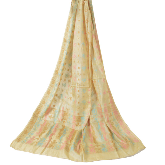 Sanskriti Vintage Cream Dupatta Long Stole Pure Silk Hand Woven Wrap Hijab/Veil