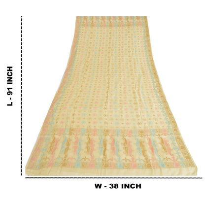 Sanskriti Vintage Cream Dupatta Long Stole Pure Silk Hand Woven Wrap Hijab/Veil