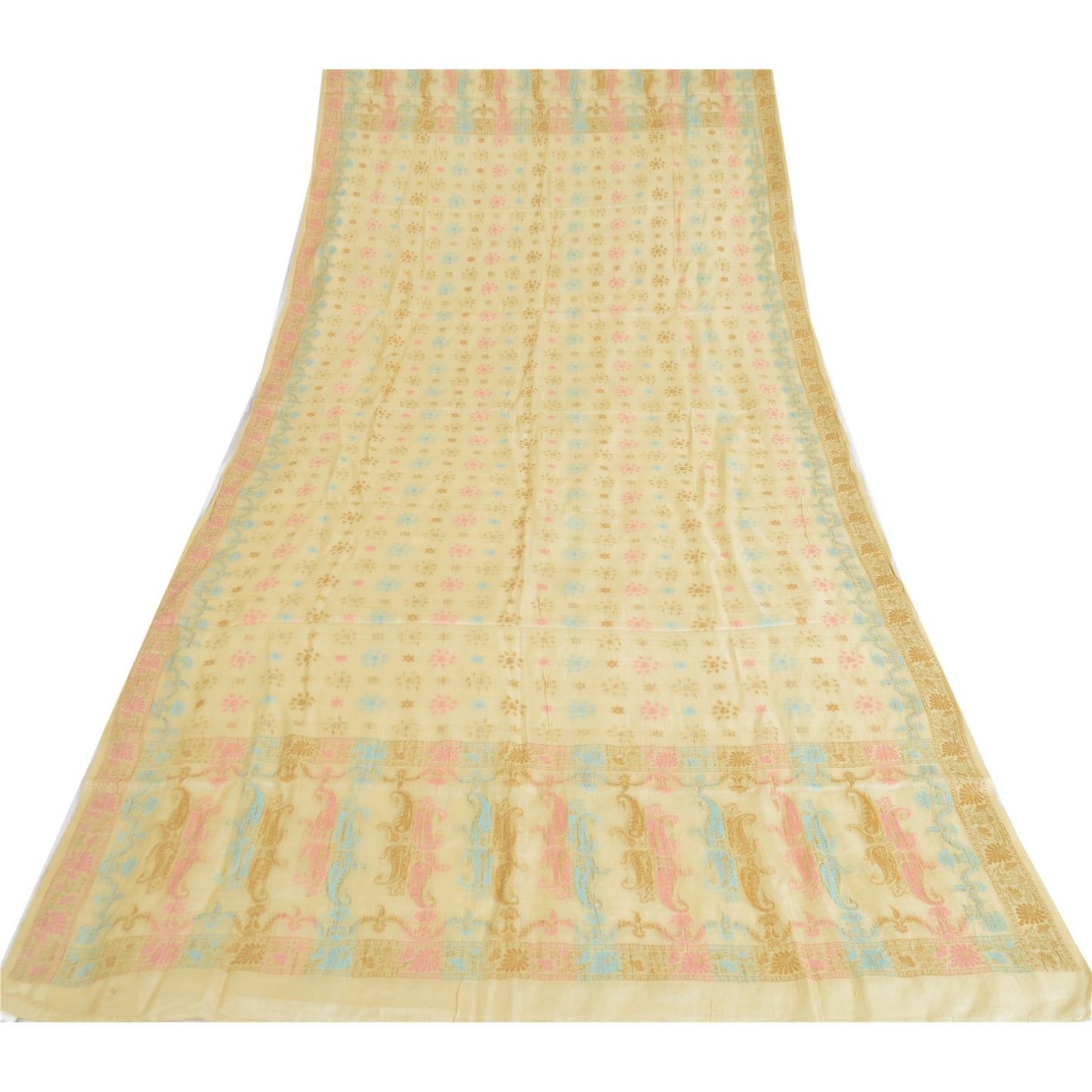 Sanskriti Vintage Cream Dupatta Long Stole Pure Silk Hand Woven Wrap Hijab/Veil