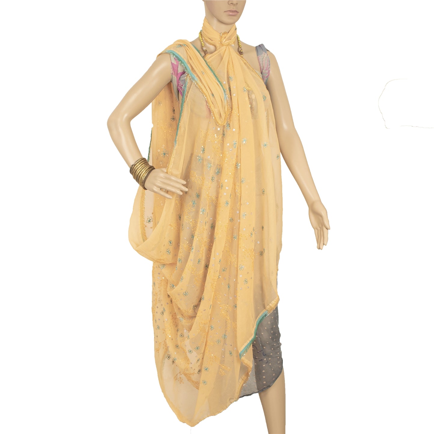 Sanskriti Vintage Dupatta Long Stole Georgette Peach Zari Hand Beaded Veil Scarf