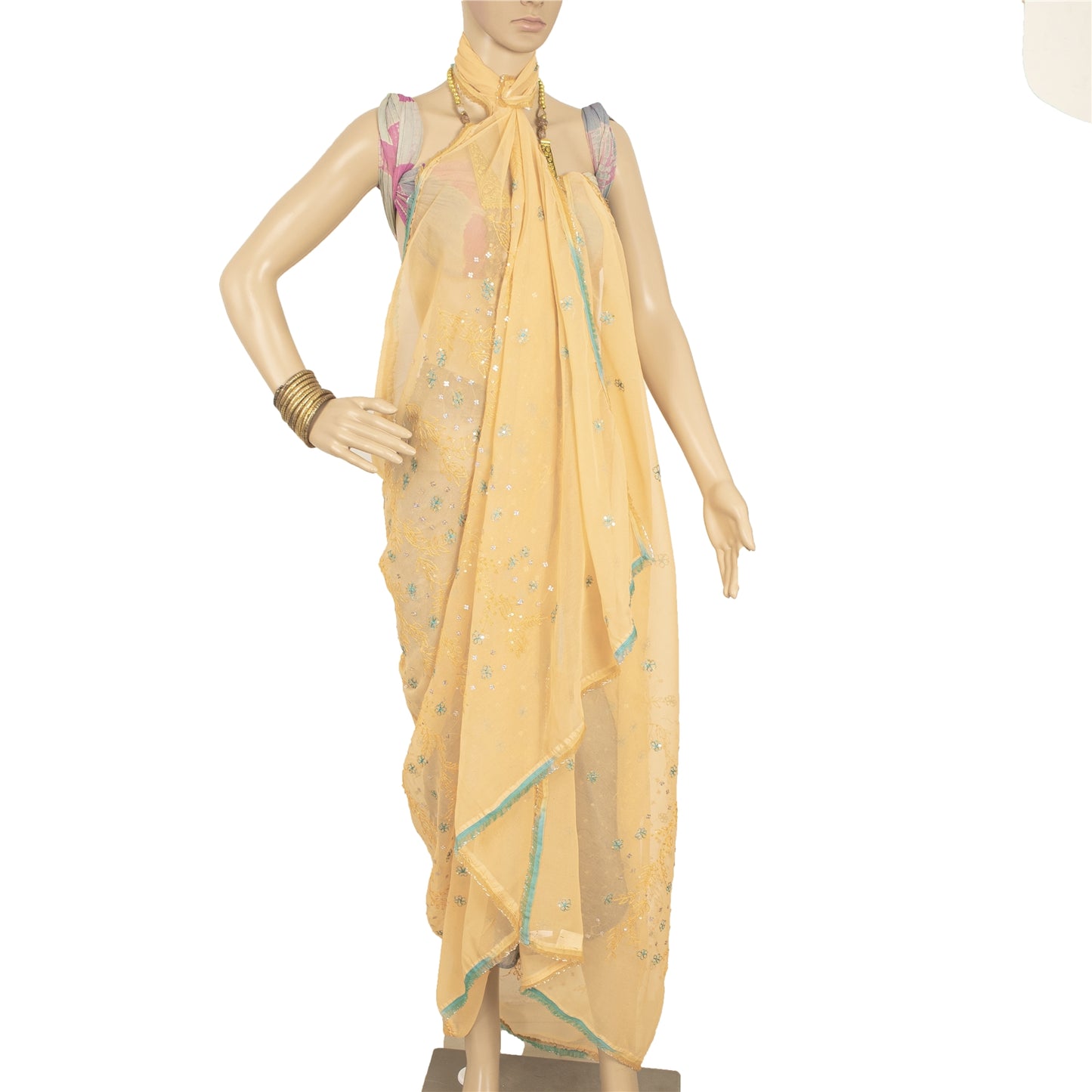 Sanskriti Vintage Dupatta Long Stole Georgette Peach Zari Hand Beaded Veil Scarf