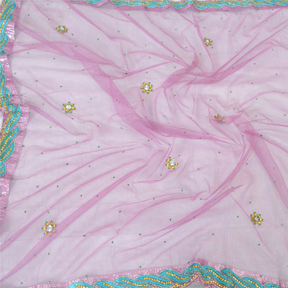 Sanskriti Vintage Dupatta Long Stole Net Mesh Purple Hand Beaded Wrap Veil