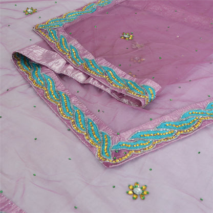 Sanskriti Vintage Dupatta Long Stole Net Mesh Purple Hand Beaded Wrap Veil