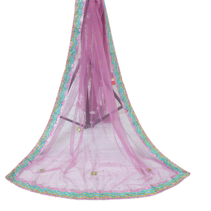 Sanskriti Vintage Dupatta Long Stole Net Mesh Purple Hand Beaded Wrap Veil
