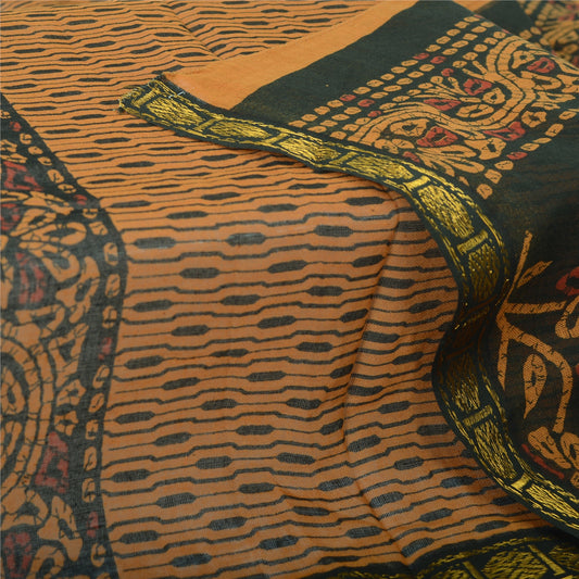 Sanskriti Vintage 100% Pure Cotton Yellow & Green Dupatta Long Stole Wrap Veil Batik Printed Floral Geometric Scarf Veil Neck/Headscarf