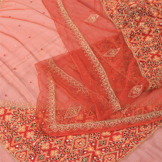 Sanskriti Vintage Dupatta Long Stole Net Mesh Orange Hand Beaded Wrap Veil