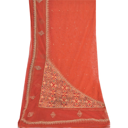 Sanskriti Vintage Dupatta Long Stole Net Mesh Orange Hand Beaded Wrap Veil