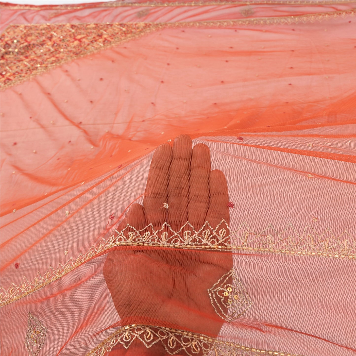 Sanskriti Vintage Dupatta Long Stole Net Mesh Orange Hand Beaded Wrap Veil