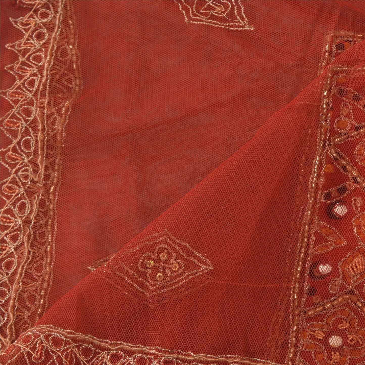 Sanskriti Vintage Dupatta Long Stole Net Mesh Orange Hand Beaded Wrap Veil