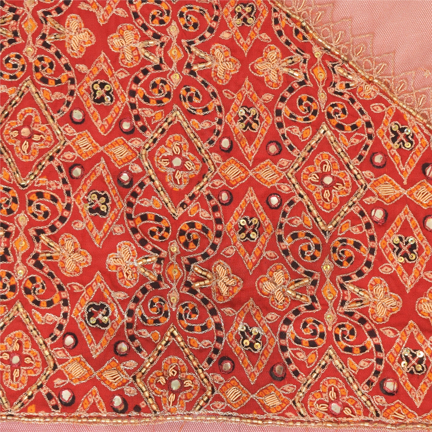 Sanskriti Vintage Dupatta Long Stole Net Mesh Orange Hand Beaded Wrap Veil