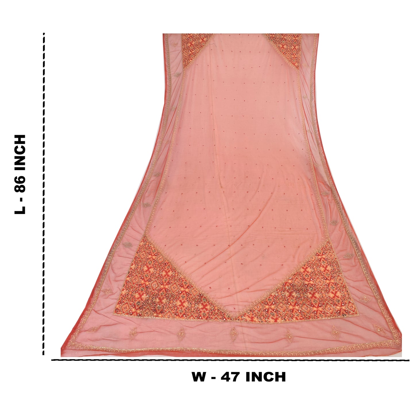 Sanskriti Vintage Dupatta Long Stole Net Mesh Orange Hand Beaded Wrap Veil