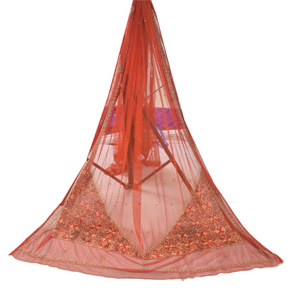 Sanskriti Vintage Dupatta Long Stole Net Mesh Orange Hand Beaded Wrap Veil