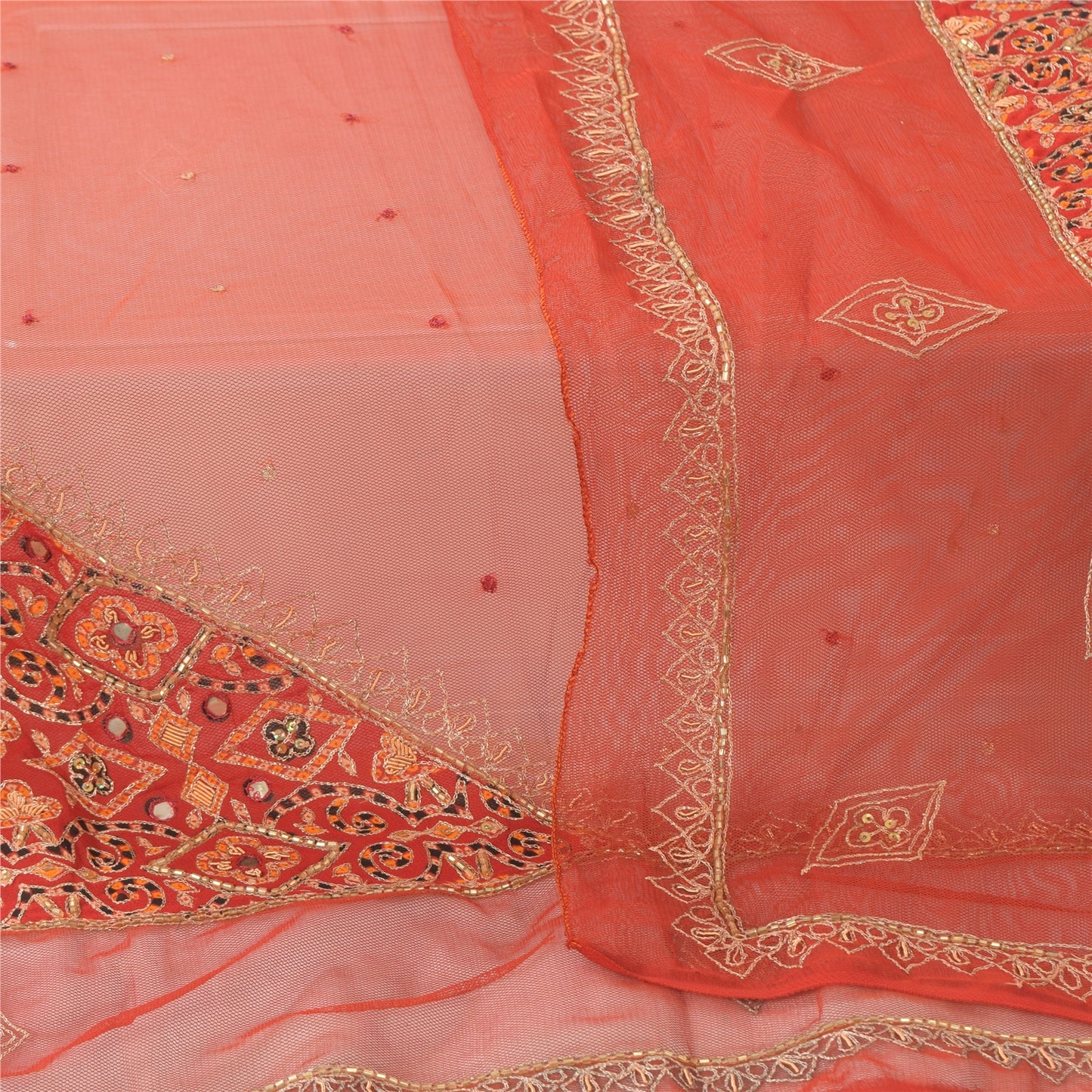 Sanskriti Vintage Dupatta Long Stole Net Mesh Orange Hand Beaded Wrap Veil